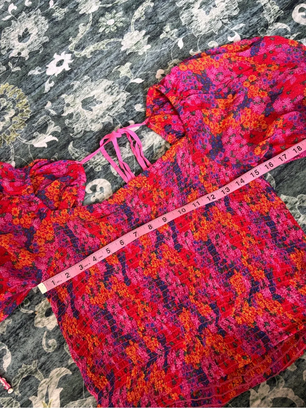 Free People Back On Top Puff Sleeve Smocked Blouse in Hot Pink Combo